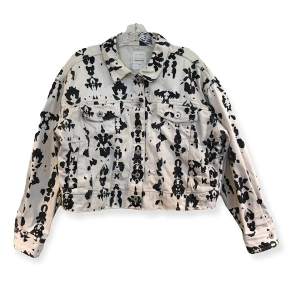 WOOD WOOD Black & White Splattered Canvas Jean Designer Denim Jacket S FLAWED - Picture 1 of 10